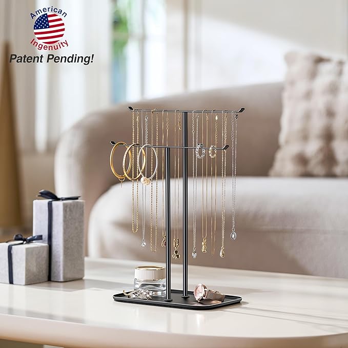 pickpiff Necklace Holder Jewelry Organizer Stand Ã¢ÂÂ 2Ã¢ÂÂTier TÃ¢ÂÂBar Jewelry Display Tree with Tray for Countertop Necklace Bracelet Earring Storage, Vanity Dresser Bathroom Sink, Black