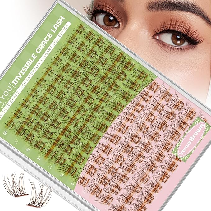 KEYYOU Venus Brown Lash Clusters Fairy Eyelash Extension C Curl 120Pcs Eyelash Extension Wispy Natural Invisible Band Lash with Waterproof DIY Lash Extension at Home(Venus Brown-C-8-16MIX)