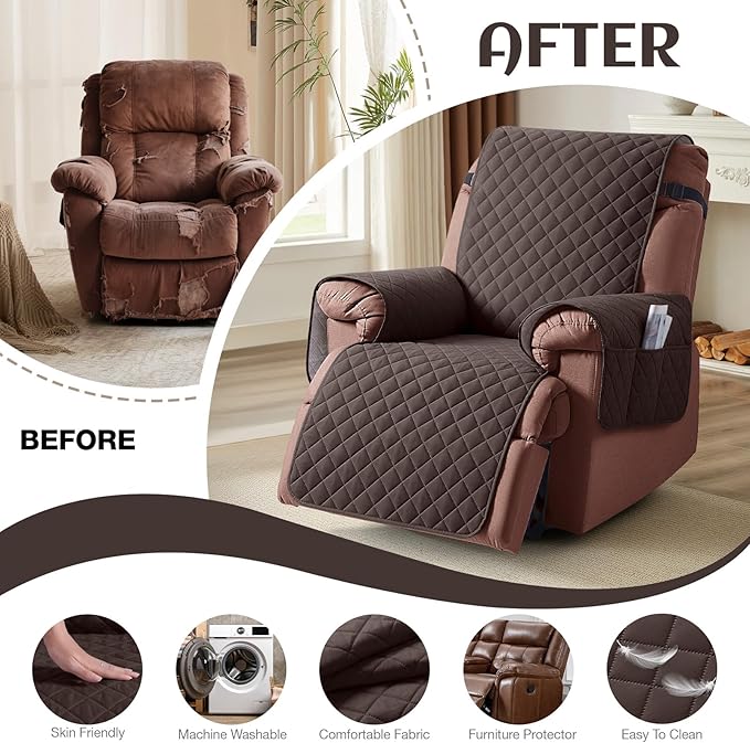KinCam 100% Waterproof Recliner Chair Cover, Reclining Couch Covers for Pets, Dogs, Recliner Couch Slipcover Furniture Protector with Elastic Straps for Kids(28", Chocolate)