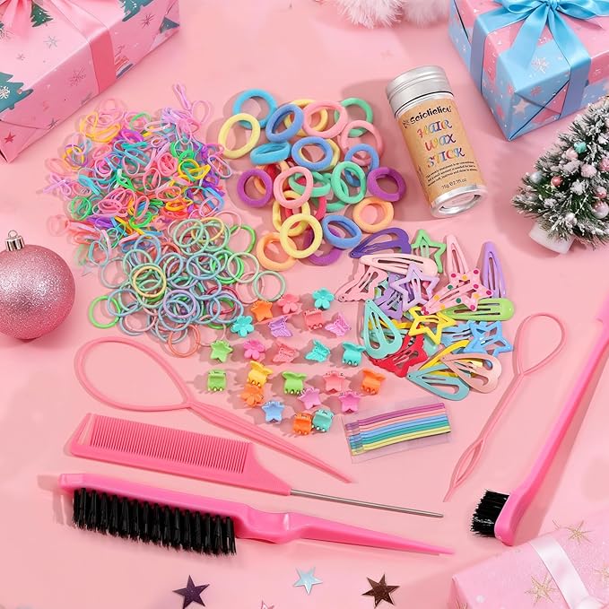 Hair Accessories for Girls, 1350P Colorful Hair Ties Set with 72P Hair Clips, Bobby Pins for Toddlers, Hair Wax Stick, Butterfly Hair Clips, Hair Barrettes with Comb Set&Organizer Box