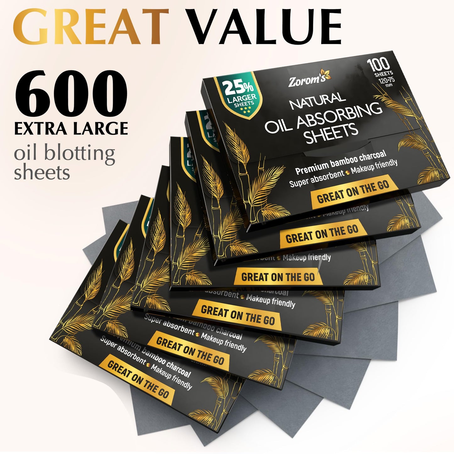 Natural Oil Blotting Sheets for Face with Bamboo Charcoal - 25% Larger - 6pk/600 Makeup Friendly Oil Absorbing Sheets for Face - Easy Dispensing Blotting Papers - Perfect for Keeping in Purse