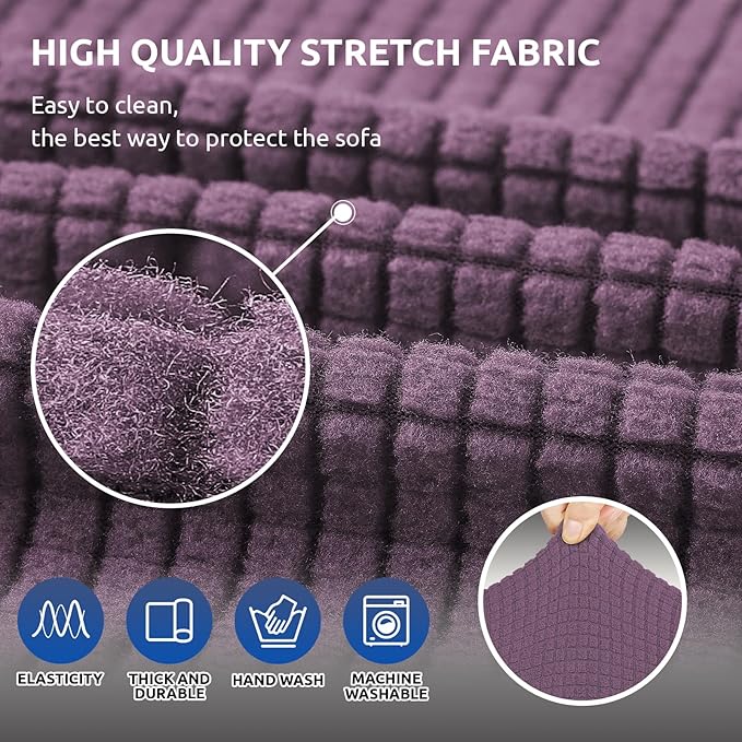 KEKUOU Stretch Sofa Cover Slipcover ，Couch Covers for 3 Cushion Couch Sofa pet Friendly (78"-94") Furniture Protector Sofa with Elastic Bottom for Kids,Dog, Jacquard Small Checked(Large,Dark Purple)