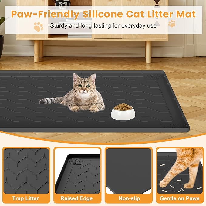 Cat Litter Mat, Extra Large 40"x28" Silicone Mat for Litter Box, Waterproof & Non-Slip Rubber Mat with Lip, Litter Trapping & Scatter Control, Soft on Cat Paws, Urine-Proof Floor Protector