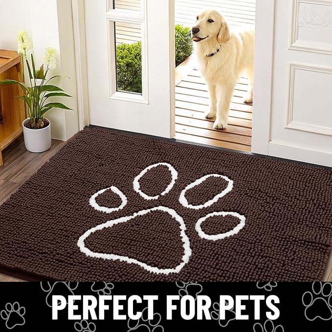 Smiry Dog Door Mat for Muddy Paws, Absorbent Dirt Trapper Non Slip Quick Dry Washable Chenille Mat for Mud Dogs, Entry Rug for Indoor and Outdoor (59x35 Inches, Brown and White)