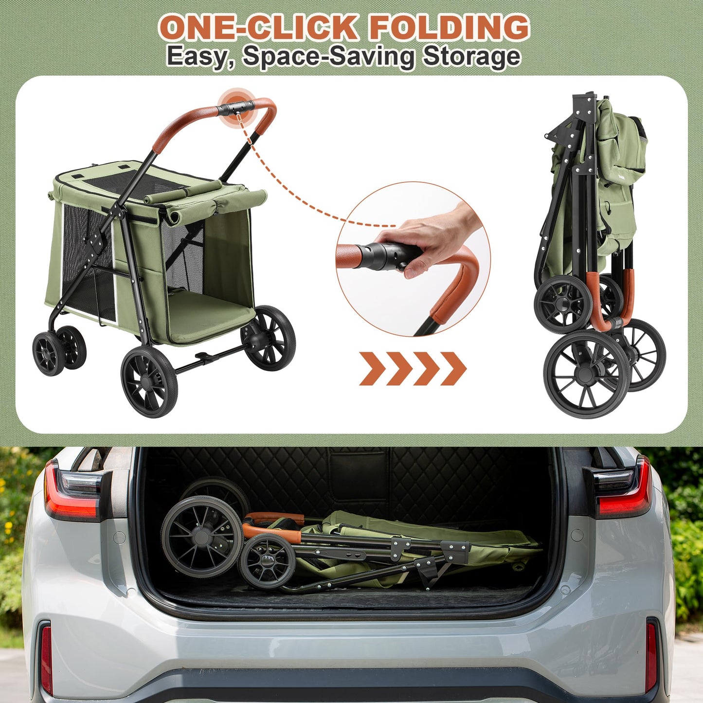 AOPEC Medium Dog Stroller, Dual Entry One-Touch Folding,Small and Medium Pet Stroller,360° Rotating Front Wheels,80 lbs Weight Capacity for Outdoor Travel and Elderly Dogs - Green