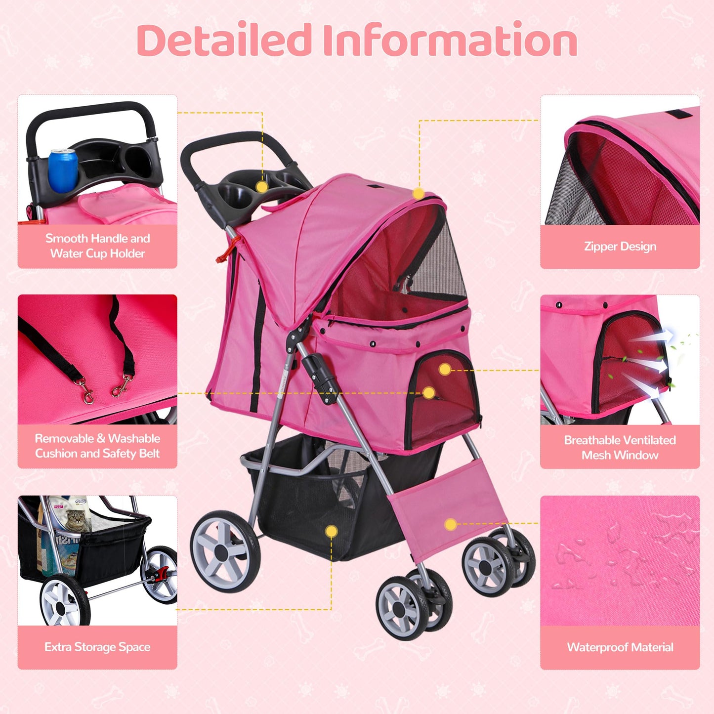 ZENY Foldable Pet Stroller, Cat/Dog Stroller with 4 Wheel, Pet Travel Carrier Strolling Cart with Storage Basket, Cup Holder (Pink)