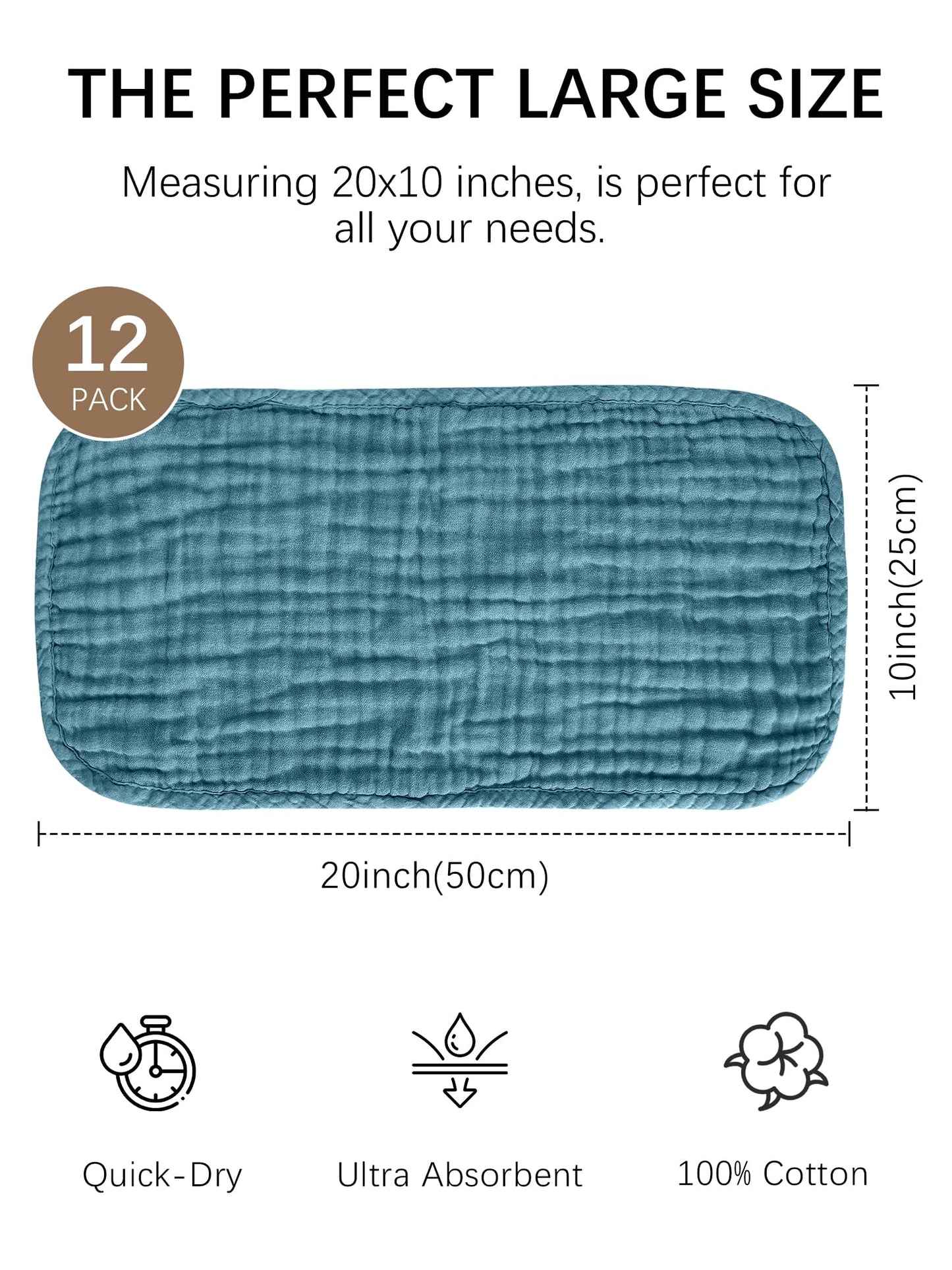 Lovely Care 12 Pack Muslin Burp Cloths 100% Cotton Muslin Cloths Large 20''x10'' Extra Soft and Absorbent Baby Burping Cloth - Slate, Navy & Grey