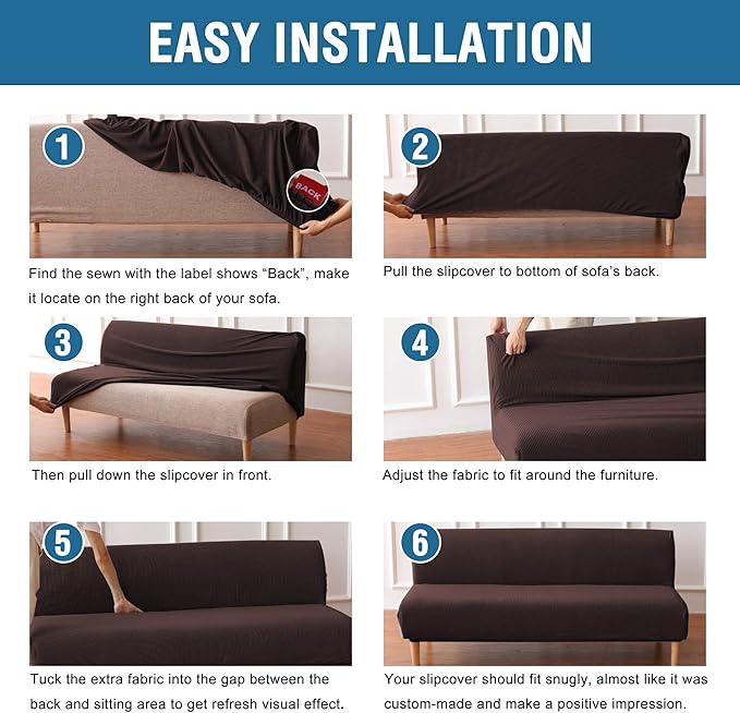 H.VERSAILTEX Armless Futon Cover Stretch Sofa Bed Slipcover Protector Elastic Feature Rich Textured High Spandex Small Checks Jacquard Fabric Futon Cover, Machine Washable, Chocolate