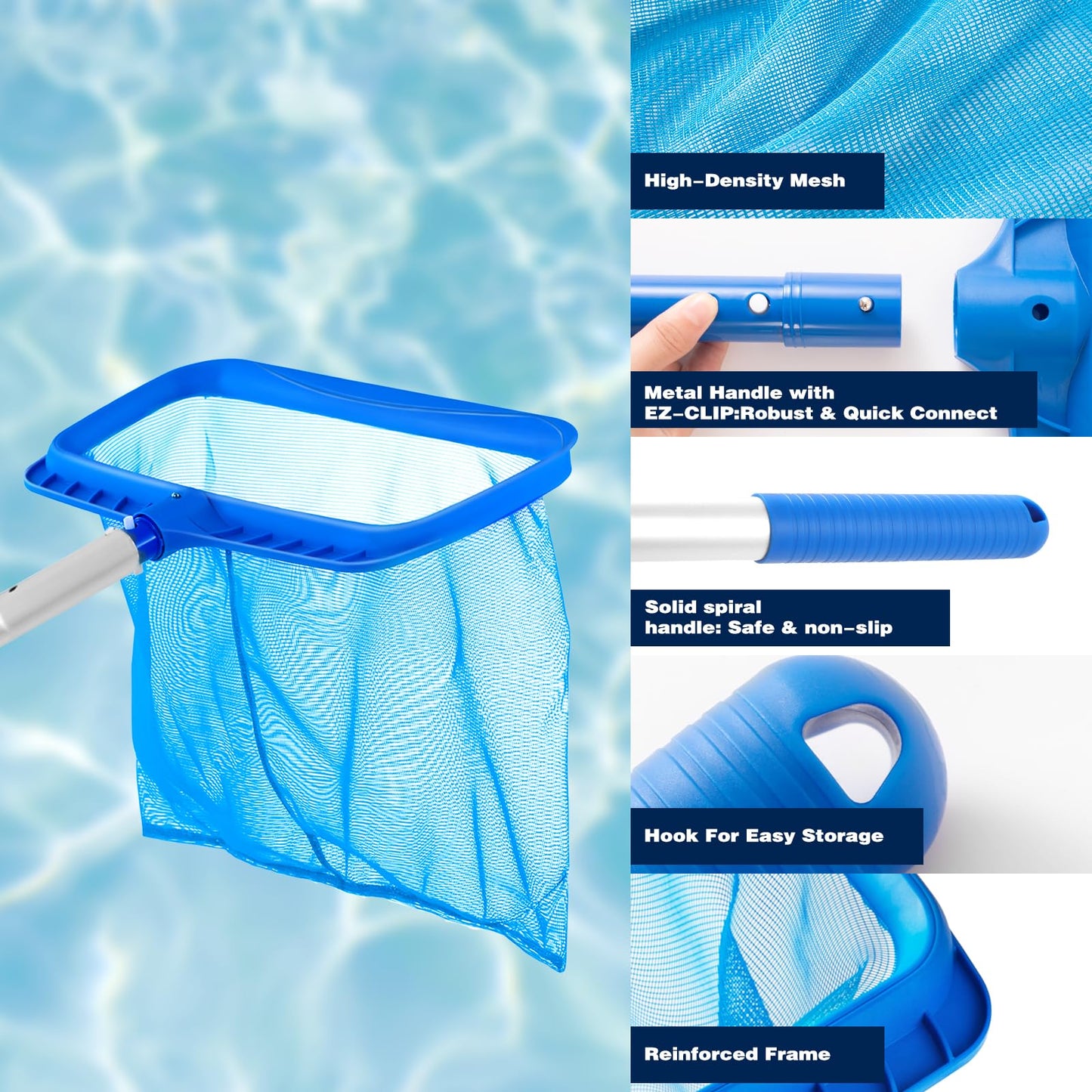 Pool Skimmer - Pool Net with Pole, 4 Section, 26.4"-66.5" Thick Adjustable Telescopic Pole & Fine Mesh Pool Skimmer Net,Larger Capacity Pool Nets for Cleaning, Durable Deep Rake Pool Net Skimmer