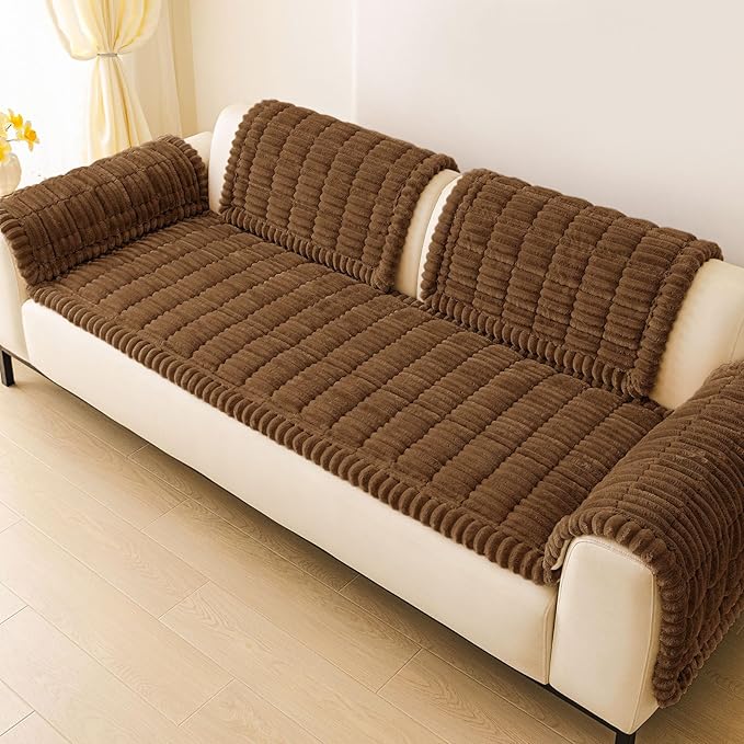 hyha Couch Covers for Dogs Washable, Non Slip Plush Dog Sofa Protectors, Fuzzy Pet Couch Covers for 3 Cushion Sofa Pet Friendly (Brown, 27.6" x 27.6")