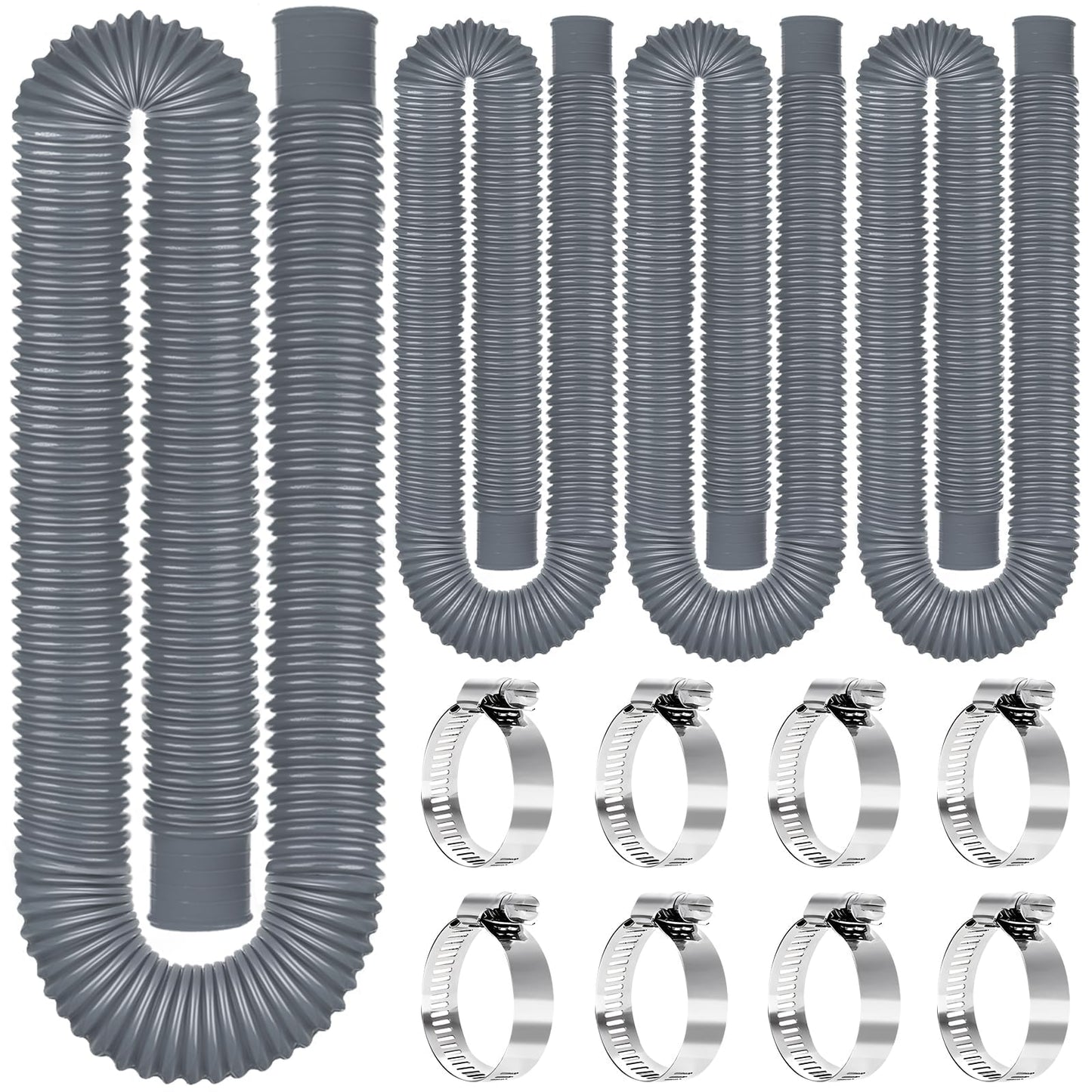 Btanadi Replacement Pool Hoses for Above Ground Pools 1 1/4, 59"" Long Filter Pump Hose, 4 Pack Pool Pump Hose with 8 Metal Clamps (Grey), Gray
