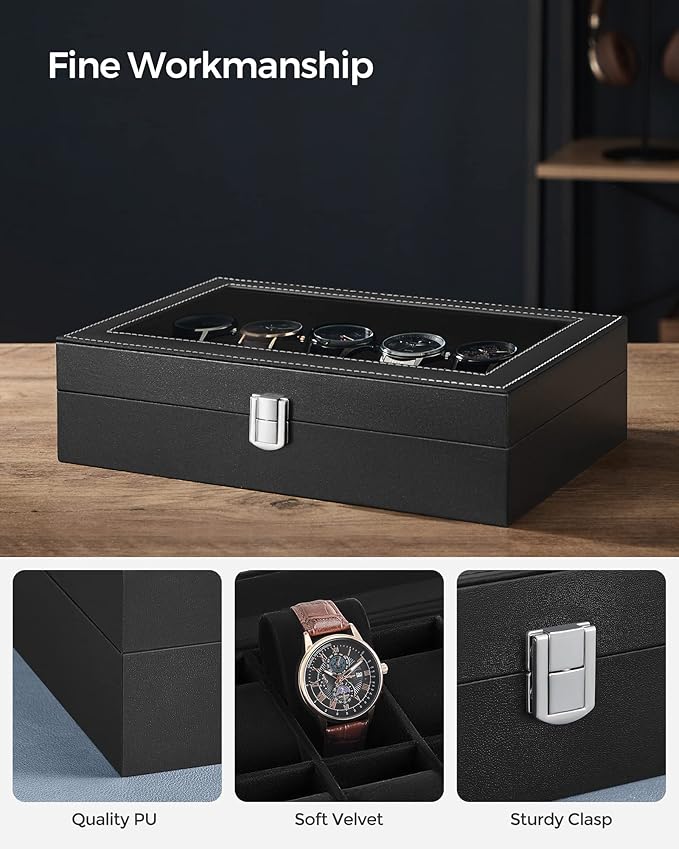 SONGMICS Watch Box, 12-Slot Watch Case Organizer with Large Glass Lid, Removable Pillows, Gift for Loved Ones, Black Synthetic Leather, Black Lining UJWB012B01