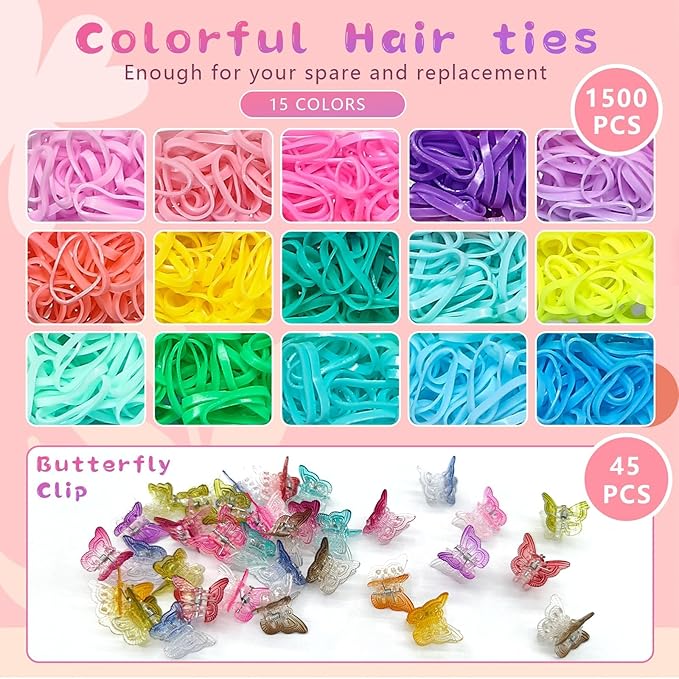 Hair Accessories for Girls, 1500P Colorful Hair Elastic Set, 45P Glitter Mini Butterfly Hair Claw Clips, Hair Wax Stick, Sparkly Colorful Hair Accessories for Girls with Hair Comb Set & Organizer Box