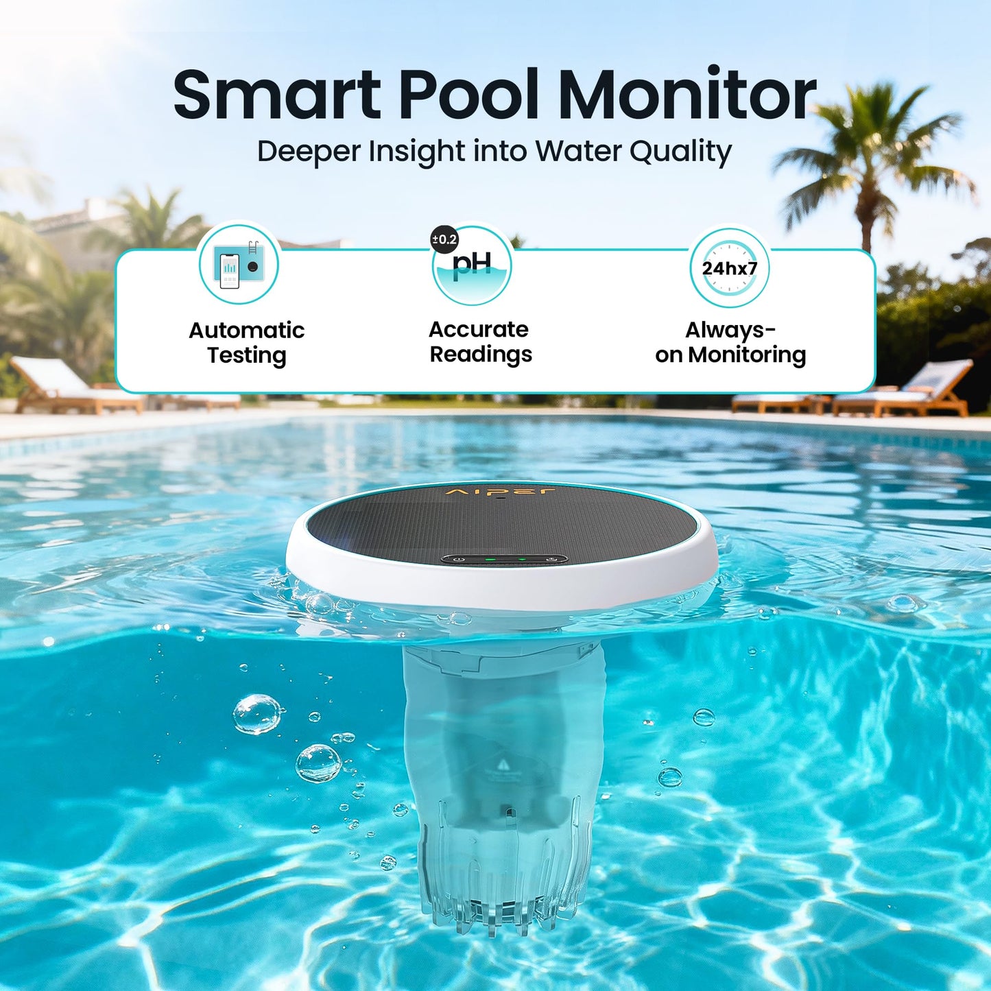 AIPER HydroComm Smart Pool Monitor, 24/7 Automatic Water Testing for Pools, Hot Tubs & Spas, 5-in-1 Accurate Digital Tester, App Control, Customized Optimization Tips, White