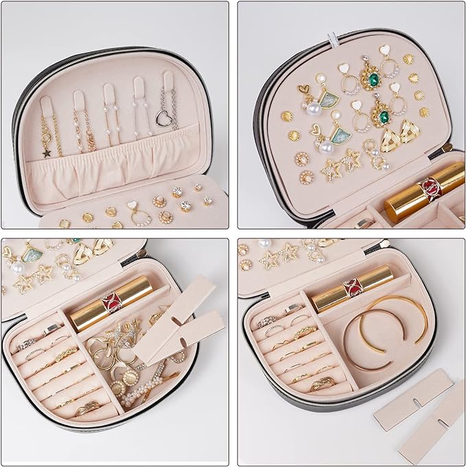 ProCase Travel Size Jewelry Box, Medium Portable Seashell-Shaped Jewelry Case, 2 Layer Jewelry Organizer in PU Leather for Women -Black