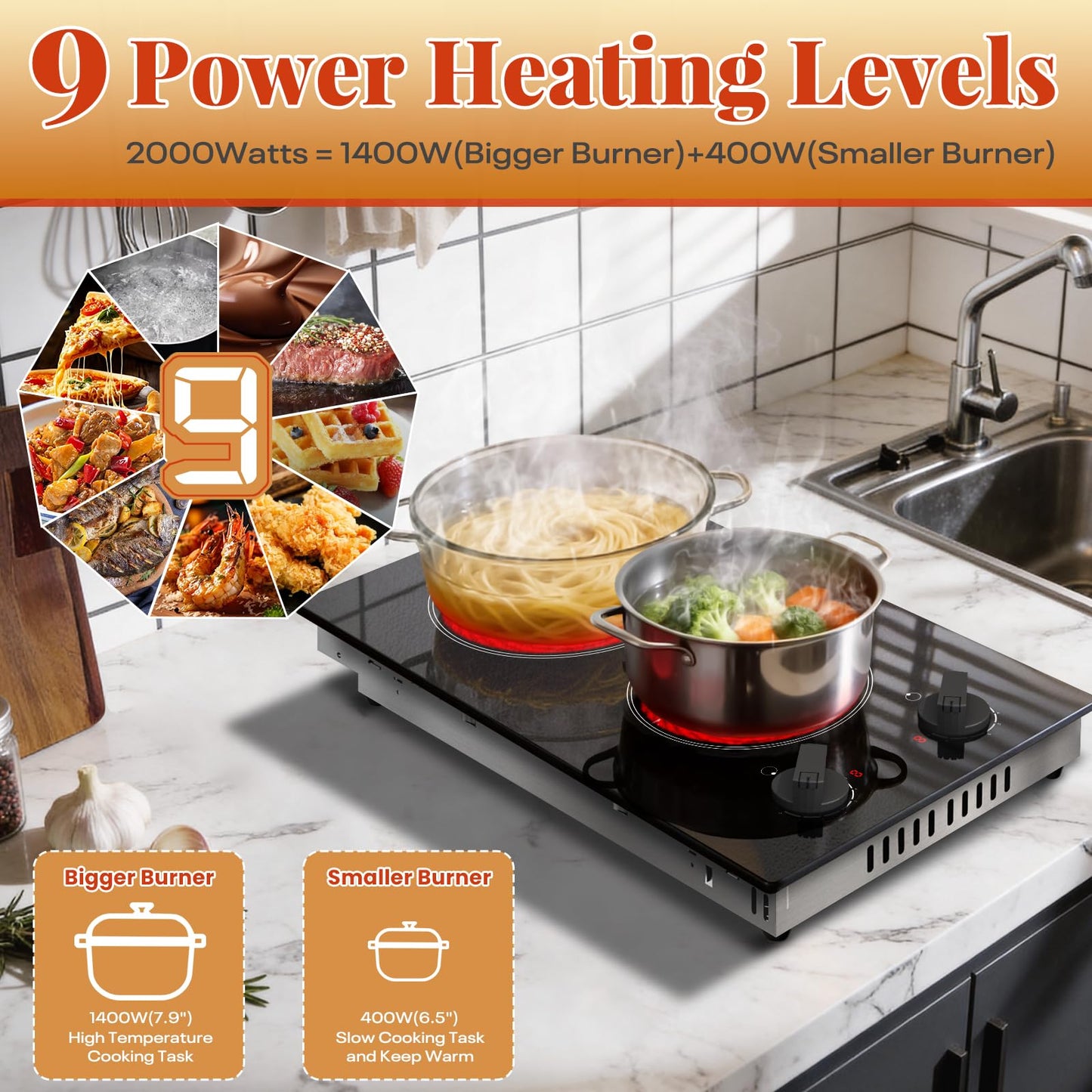 Cooksir 2 Burner Electric Cooktop - 110v Countertop and Built-in Electric Stove 2000W, 12 Inch Ceramic Stove with Residual Heat Indicator, Over-Temperature Protection, Knob Control, 110-120V Plug in