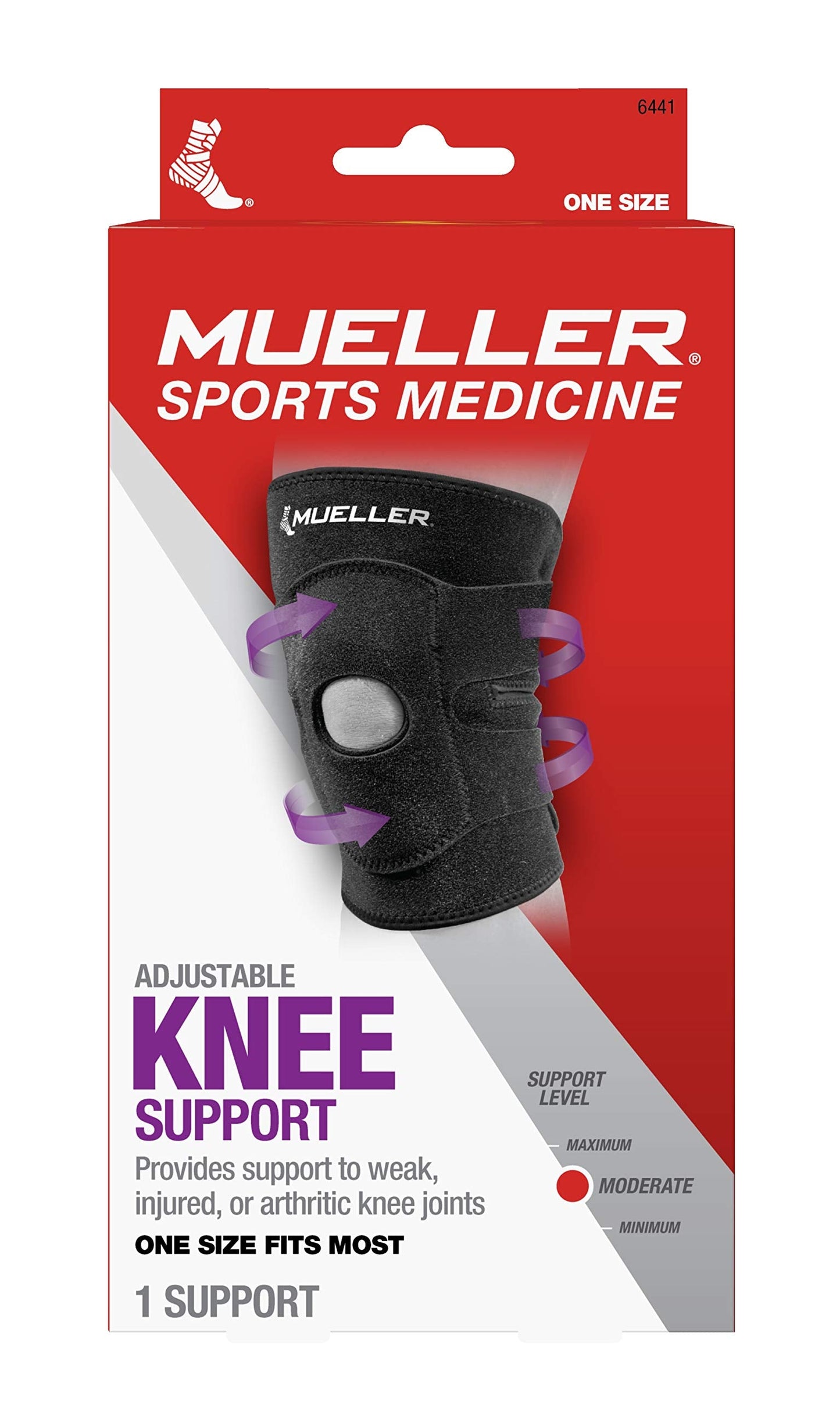 MUELLER Sports Medicine 4-Way Adjustable Knee Brace for Men and Women, Knee Stabilizer for Compression and Pain Relief Support, Ideal for Arthritis, Sprains, Black, One Size