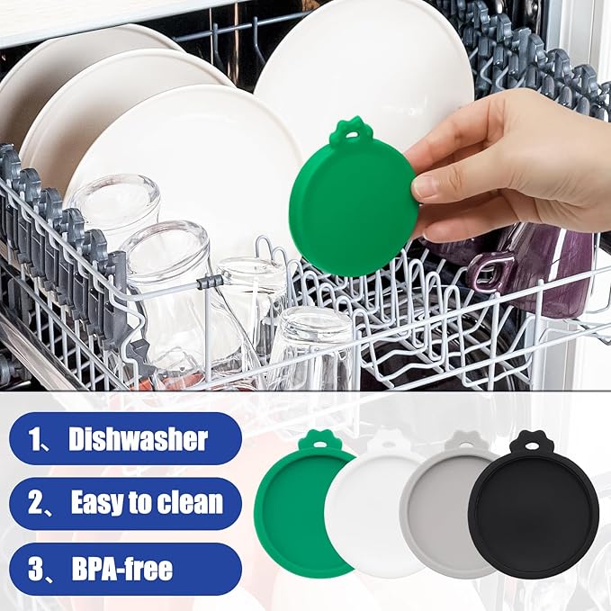 PINE & LINEN 4 Pcs 2.5inch Durable Pet Can Lids,Silicone Small Pet Can Covers Waterproof Cat Food Cans Lids for 3 oz Cat Food Cans(White+Gray+Dark Green+Black)