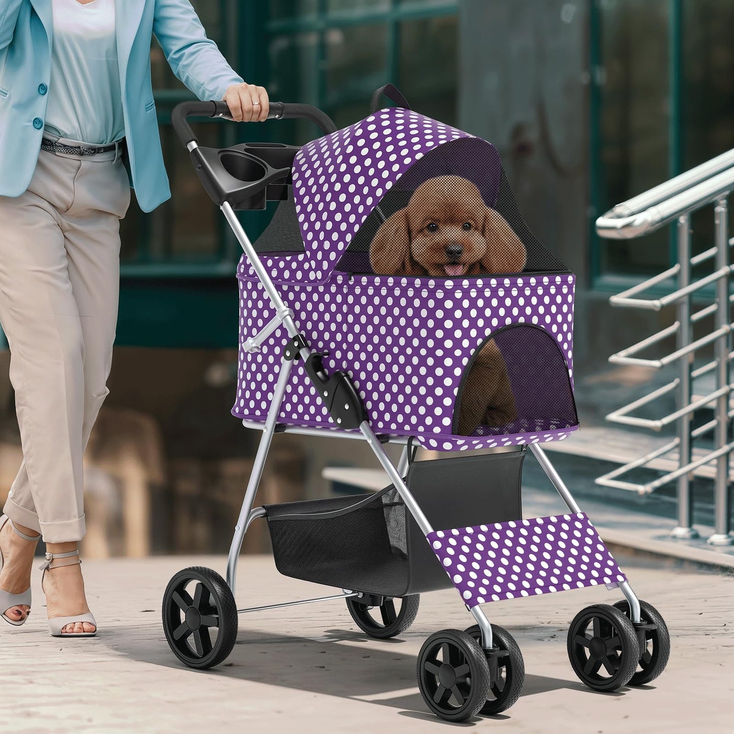 Magshion Foldable Pet Stroller, 3-in-1 Dog Travel Jogger with Detachable Carrier, Cup Holder, Storage Basket, Folding Carrier for Small/Medium Dogs & Cats Up to 33 lbs, Purple Polka Dots