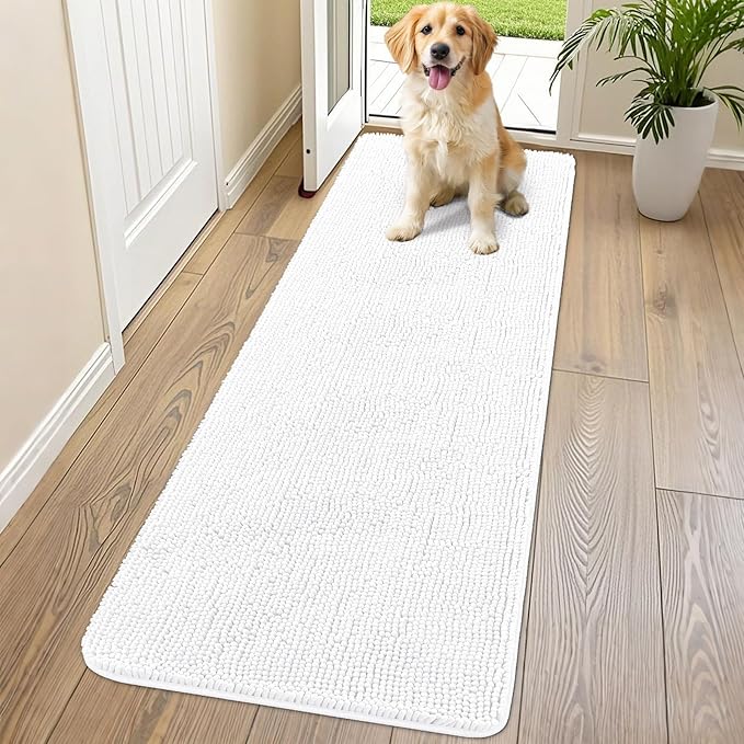 Smiry Dog Door Mat for Muddy Paws 70x24, Absorbs Moisture and Dirt Doormat, Non-Slip Washable Quick Dry Chenille Front Door Mat Indoor Entrance, Entryway Carpet for Inside Floor, White