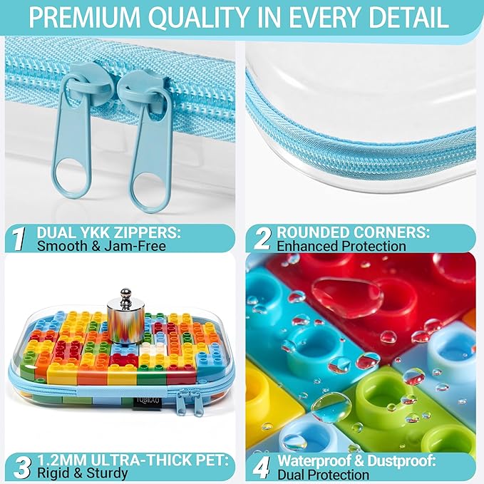 6 Pack Clear Hard Shell Zipper Case, See-Through Hard Plastic Organizer Pouches with Zipper for Travel, Toiletries, Makeup, Electronics & Pencils - Crush-Resistant Storage (Blue)