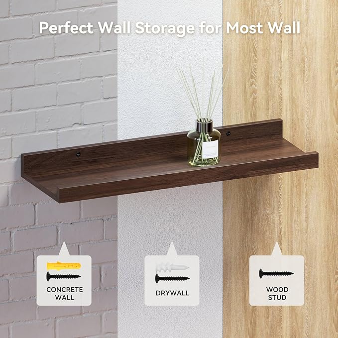RICHER HOUSE 5 Set Floating Shelves for Wall Decor, Wall Mounted Book Shelf, Nursery Shelves Picture Ledge Shelf with Lip for Storage, Bedroom, Living Room, Bathroom - Walnut