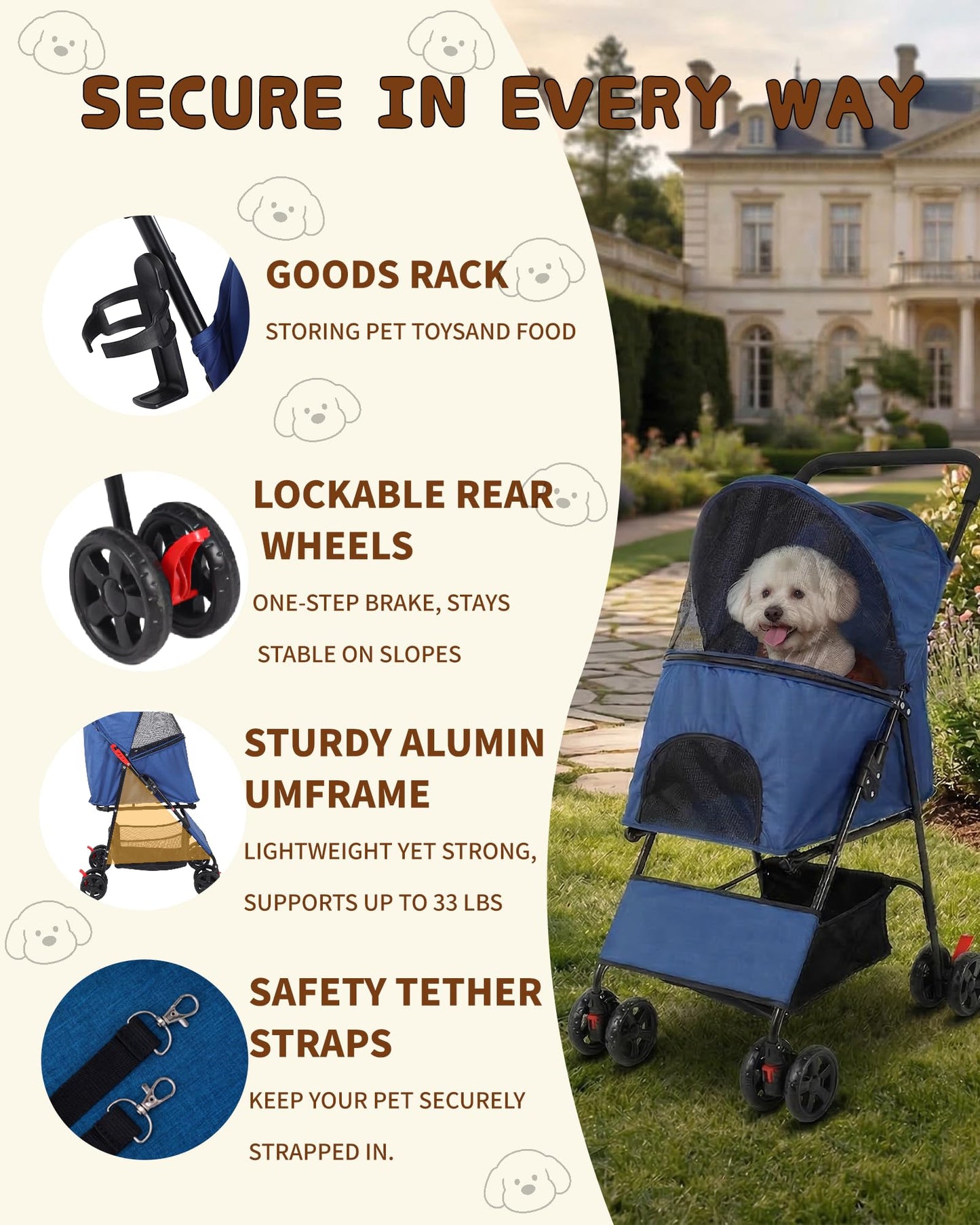 Pet Stroller for Small Medium Dogs Cats - Lightweight 10lbs Foldable Dog Stroller, Breathable Mesh & Safety Tether, 33lbs Capacity with Locking Wheels, Storage Basket for Outdoor Walks-Blue