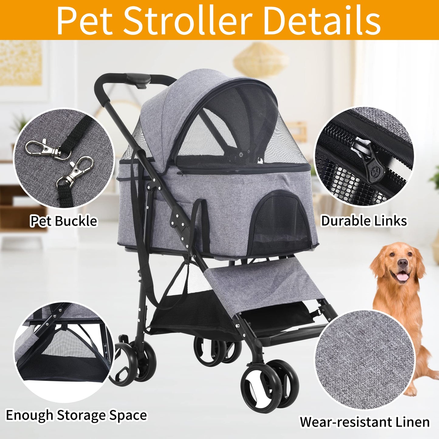 BLKMTY Dog Stroller 3-in-1 Folding Pet Strollers Cat 4 Wheels w/Storage Basket Dog Carrier Trolley One-Button Switch Travel Stroller with Safety Belt Detachable Carrier, Grey