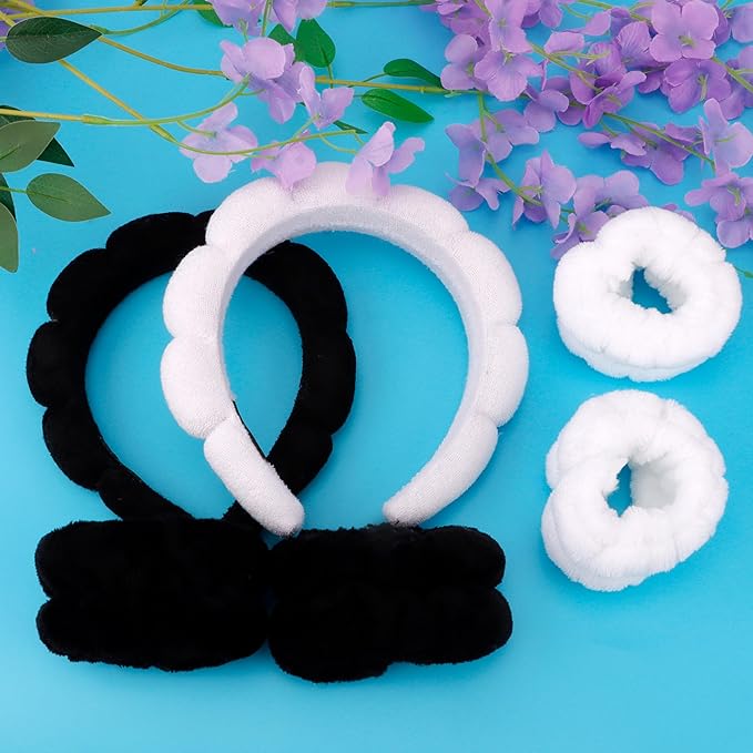 SPA Headbands for Washing Face Makeup Headbands with Bow Hair Band Women Facial Head Band Wrist Towel Wraps For Shower Face Mask Black White, 6 Pack