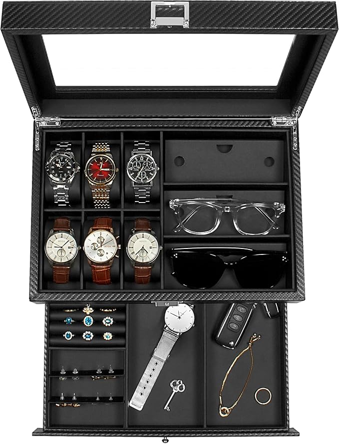 GUKA Watch box, 6 Slot Watch Case, 3 Slot Sunglass Organizer, Watch Cases for men with Real Glass Lid, Watch Organizer storage with Jewelry Case, Birthday for Men and Women, Black