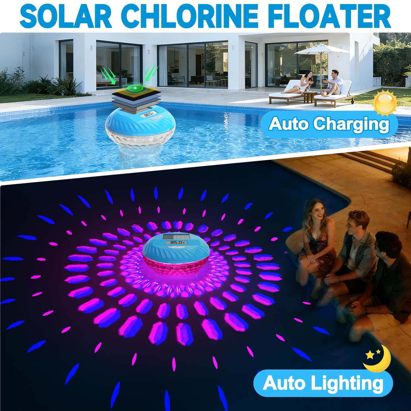 AquClor 2026 Upgraded Pool Chlorine Floater with Thermometer,Digital Screen Solar Chlorines Floaters w/Light,Chlorine Floater w/Adjustable Release,Floating chlorines Dispenser for Pool,Hot Tub,Blue