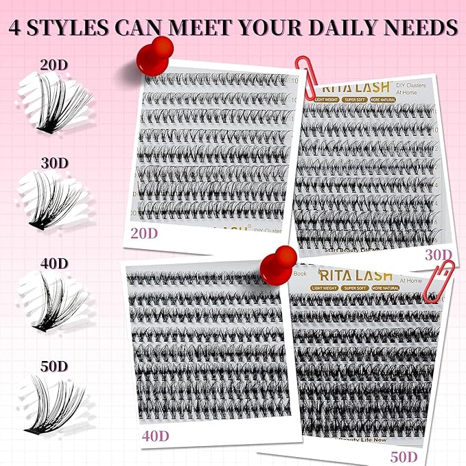 RITALASH Lash Clusters 640PCS 4 Style DIY Cluster Lashes Clusters Eyelash Extensions False Eyelashes Individual Lashes Wispy Lash Extension Natural Look(20D+30D+40D+50D Cluster Lashes,10-16mm)