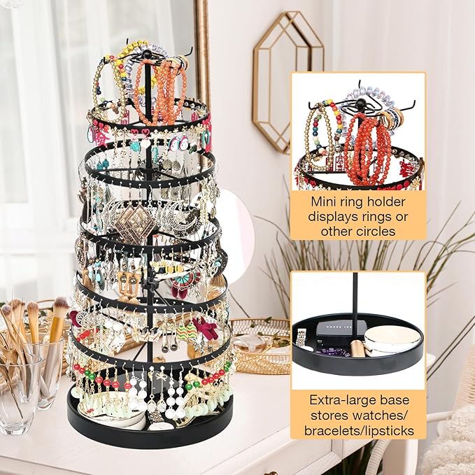6 Tier Rotating Jewelry Organizer Stand, 230 Holes Earring Holder Organizer for Women Girls, Spinning Earring Tree with Ring Holder, Wide Base for Bracelets Watches Lipstick