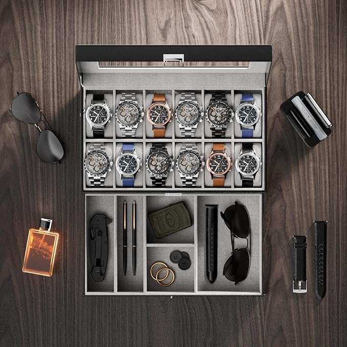 ProCase Watch Box, 12 Slot Mens Watch Case With Drawer, 2-Layer Watch Display Case With Glass Lid, Mens Jewelry Box Storage Holder Organizer, Birthday Valentine Gifts for Men -12Slot, Black
