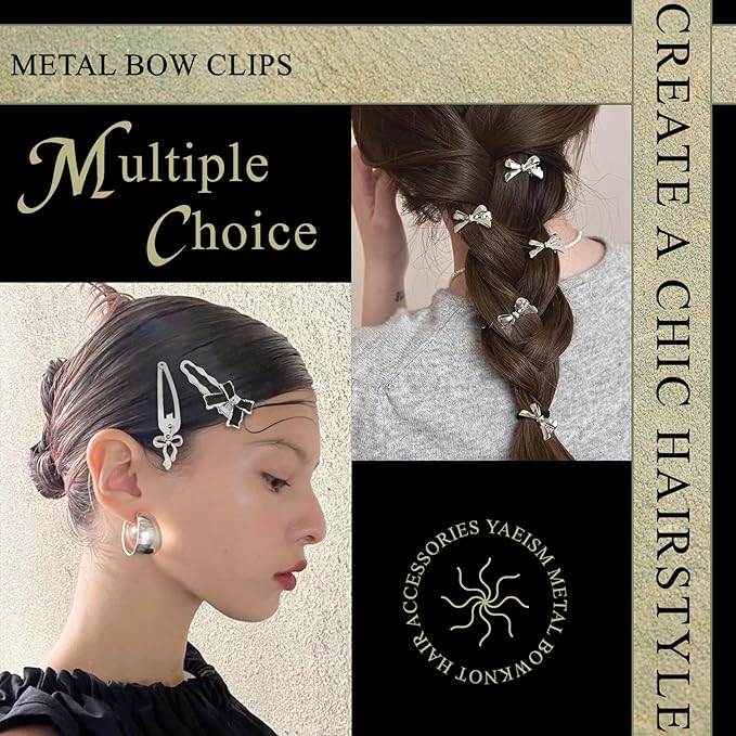 10PCS Silver Hair Clips Black Bow Hair Clips Alloy Y2K Hair Accessories Coquette Hair Bows for Women Girls
