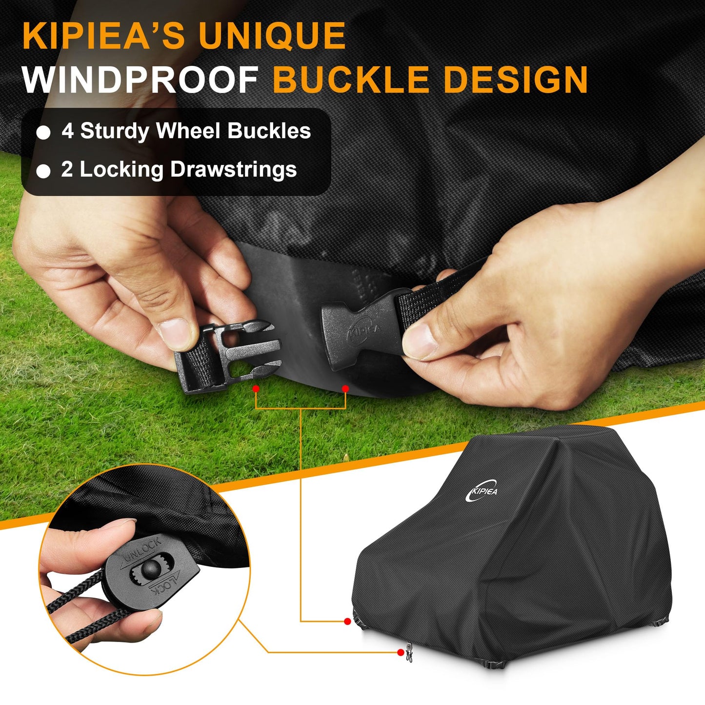 Kipiea Zero Turn Mower Cover- 600D Heavy Duty Outdoor Zero Turn Lawn Mower Cover Waterproof Universal Fit with 4 Buckles, 2 Drawstrings and Storage Bag