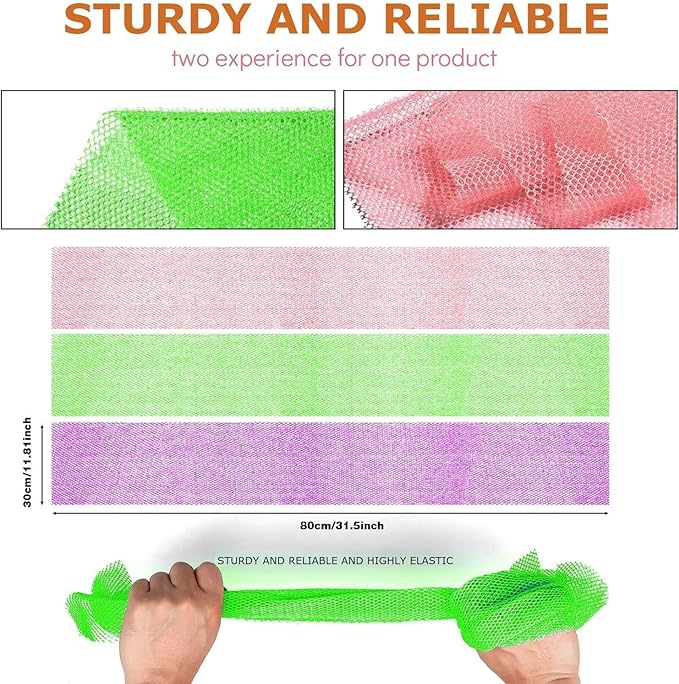 UJFQBH 3 Pieces African Bath Sponge African Net Long Net Bath Sponge Exfoliating Shower Body Scrubber Back Scrubber Skin Smoother,Great for Daily Use (PurpleÃ¯Â¼Â PinkÃ¯Â¼ÂGreen)