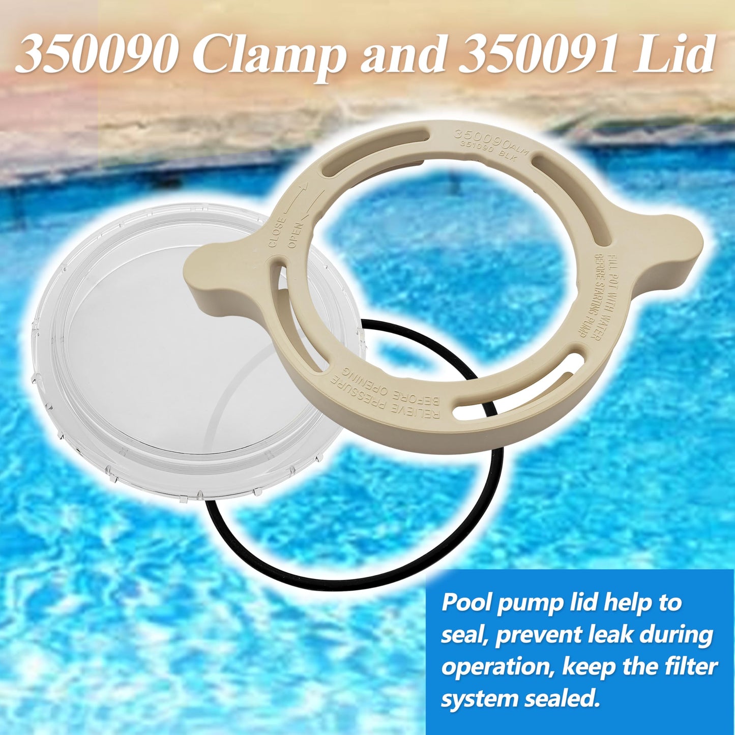 350090 Clamp and 350091 Lid Replacement for Superflo Inground Pool and Spa Pumps,Include O-ring,Complete Pool Pump Locking Ring Aftermarket Part.