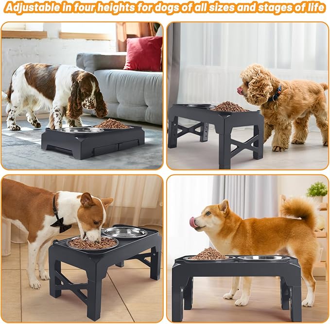 Hubulk Elevated Dog Bowls with 2 Stainless Steel Food & Water Raised Bowls with No Spill Edge Non-Slip Stand Adjusts to 5 Heights(3.2", 8.77", 9.9",11.1", 12.3")for Small Medium Large Dog and Pet Grey
