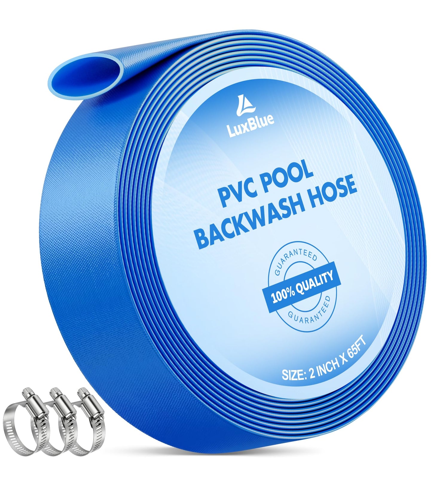 LuxBlue 2" X 65ft Pool Backwash Hose | Heavy-Duty Reinforced PVC Pool Drain Hose, UV & Burst Resistant | Flexible Lay Flat Discharge Hoses for Water Transfer, Sump Pump Drainage, with 3 Clamps