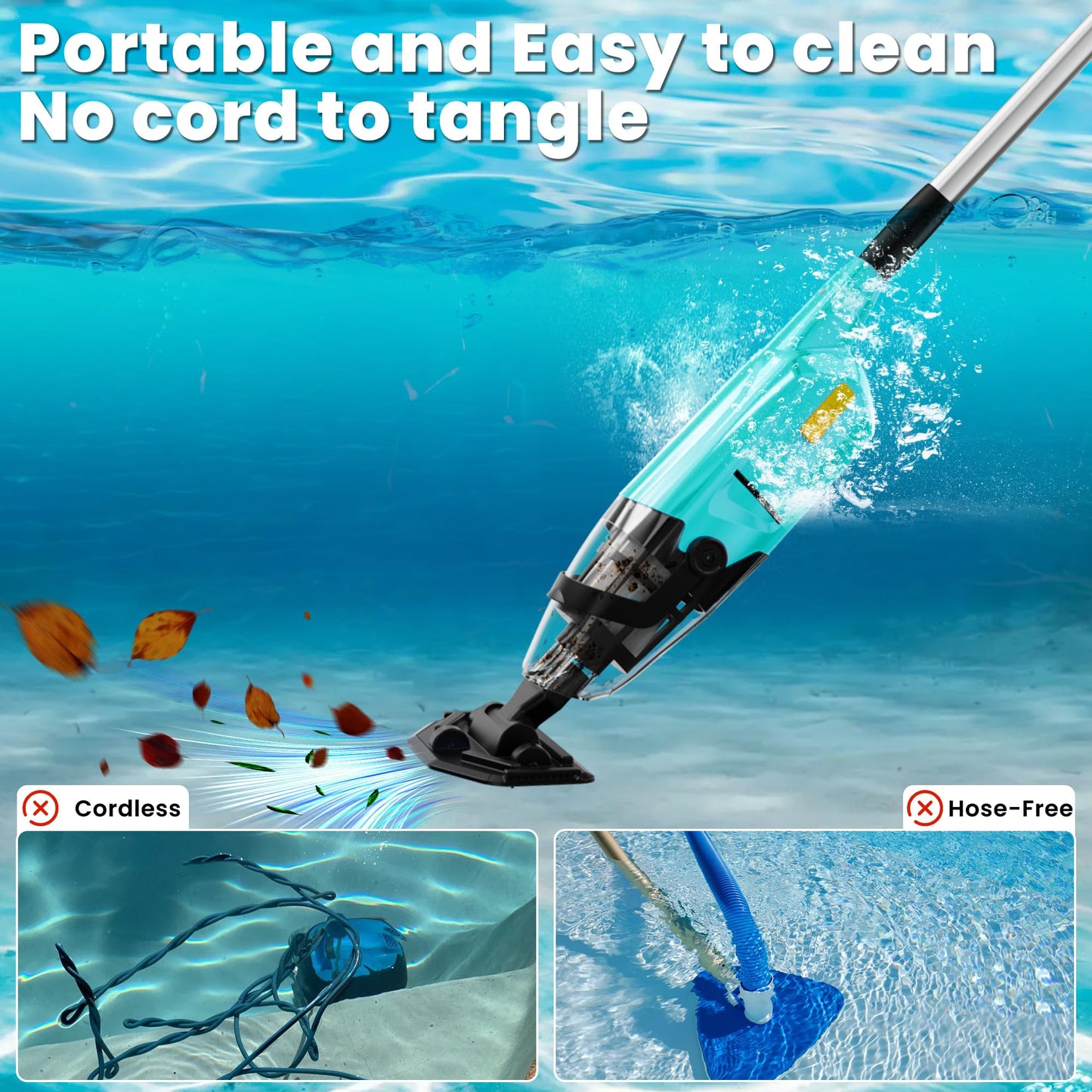 EFURDEN Pool Vacuum for Above Ground Pool, Cordless Handheld Rechargeable Pool Cleaner with Running Time Up to 60 Minutes for Sand and Debris, Ideal for In-Ground Pools, Spas, and Hot Tubs (Green)