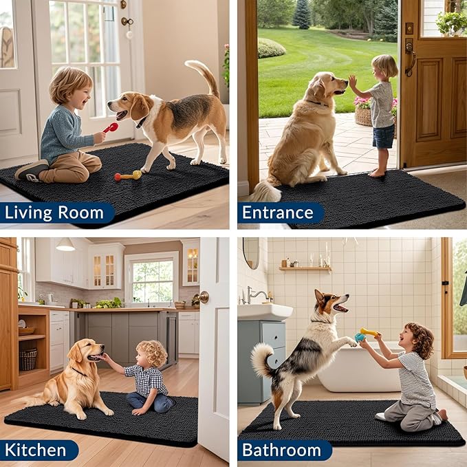 Smiry Dog Door Mat for Muddy Paws 70x24, Absorbs Moisture and Dirt Doormat, Non-Slip Washable Quick Dry Chenille Front Door Mat Indoor Entrance, Entryway Carpet for Inside Floor, Black
