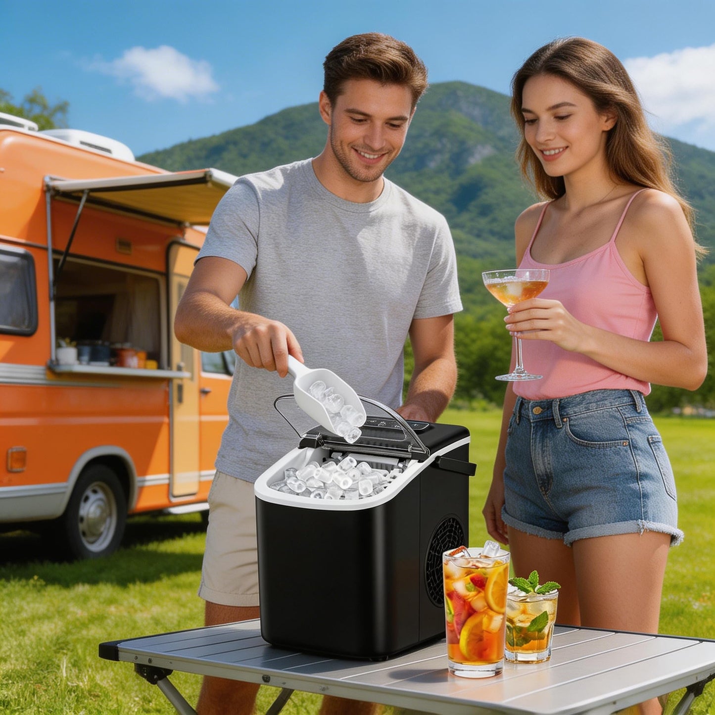 Small Portable Countertop Ice Maker, 26lbs/24H Ice Machine with Self-Cleaning, 6-8 Mins Fast Ice Making,Quiet Operation, Compact Ice Maker with Handle for Home Kitchen Camping RV (Black, 26lbs)