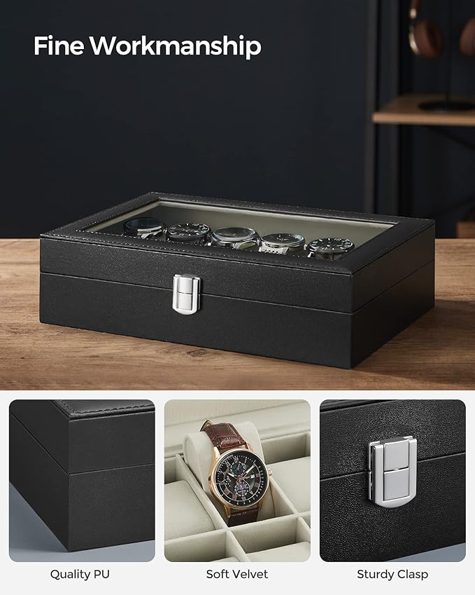 SONGMICS Watch Box, 12-Slot Watch Case Organizer with Large Glass Lid, Removable Pillows, Gift for Loved Ones, Black Synthetic Leather, Greenish Beige Lining UJWB12BE