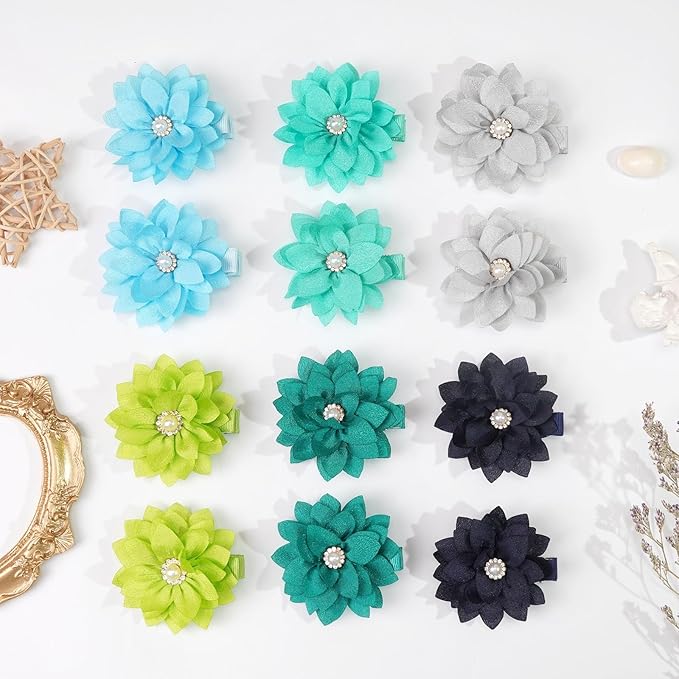 DeD 40PCS 2.3" Chiffon Flower Hair Bows Clips with Rhinestone Flower Tiny Hair Clips Fine Hair for Girls Infants Toddlers Set of 20 Pairs