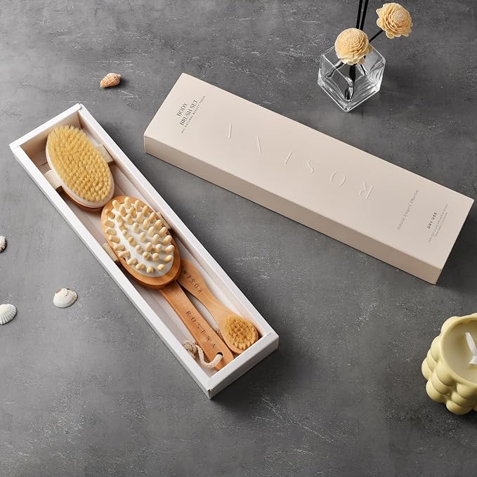 Dry Brushing Body Brush Set Ã¢ÂÂ Natural Bristle Spa Exfoliator Kit with Face Cleansing Brush, Long Dry Brushing Body Brush for Lymphatic Drainage & Massaging Cellulite Brush for Smooth, Radiant Skin