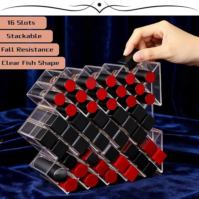 Lipstick Organizer Holder 16 Spaces Fish Shape Cosmetic Lip Gloss Organizer for Countertop Clear Acrylic Makeup Perfume Storage Drawer & Bathroom Novelty Desk Decor Vanity Display for Girls Women(1PC)