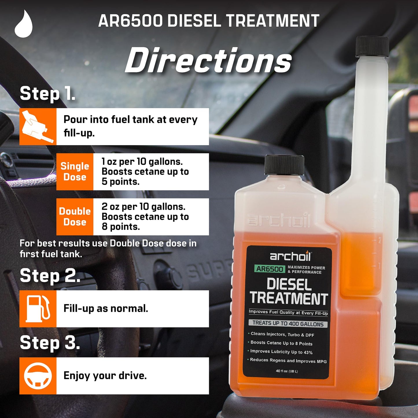 Archoil AR6500 Diesel Treatment (40 oz) Treats 400 Gallons, Diesel Fuel Additive - Lubricity Improver, Injector Cleaner, DPF & Turbo Deposit Control, Cetane Booster