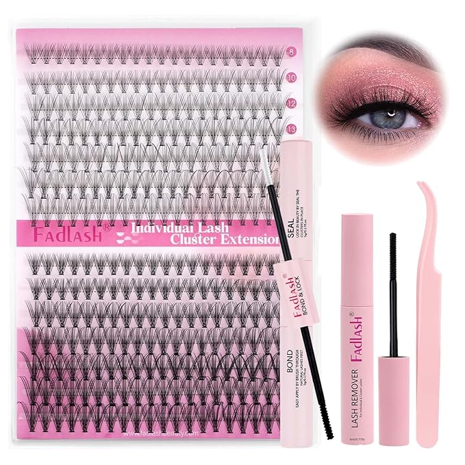 DIY Lash Extension Kit Individual Lashes Clusters Lash Bond and Seal, Clusters Lash Glue Remover and Eyelash Tweezers for Eyelash Extensions (10D+20D-0.07C, 8-16mm, Kit)