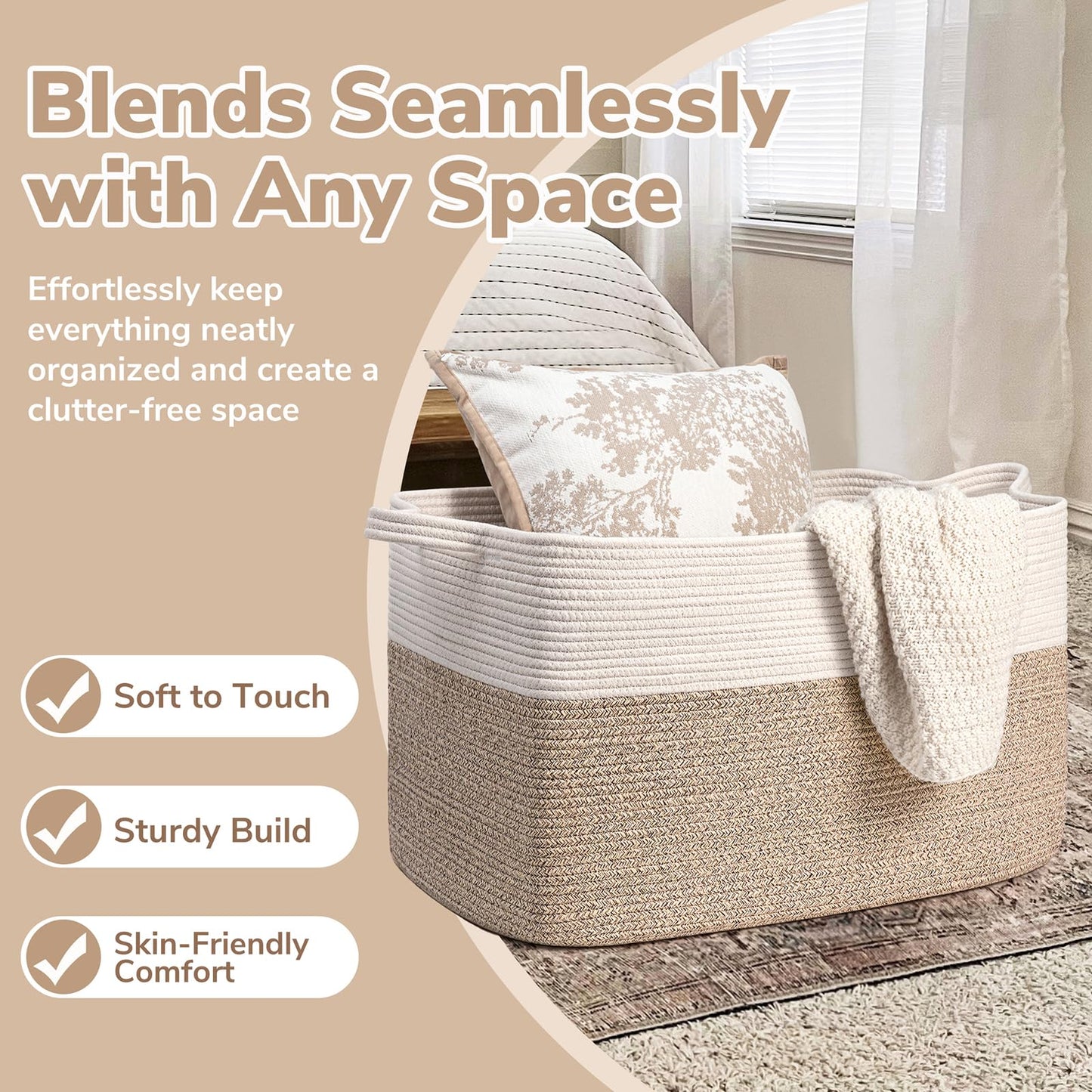 Goodpick Extra Large Woven Blanket Basket, 23.6" x 15.7" x 13.8" Storage Organizer for Blankets, Toys, Dirty Clothes, Rectangle Cotton Rope Basket for Living Room, Nursery, Bedroom
